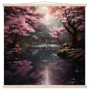 Secret Cherry Blossom Temple Art Print with Hanger - 70x70 cm / 28x28″, Natural wood wall hanger