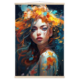 Girl Painted in Color Art Print with Hanger - 60x90 cm / 24x36″, Natural wood wall hanger