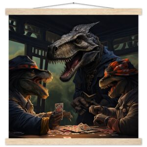 Tyrannosaurus Rex Poker Art Print with Hanger - 45x45 cm / 18x18″, Natural wood wall hanger
