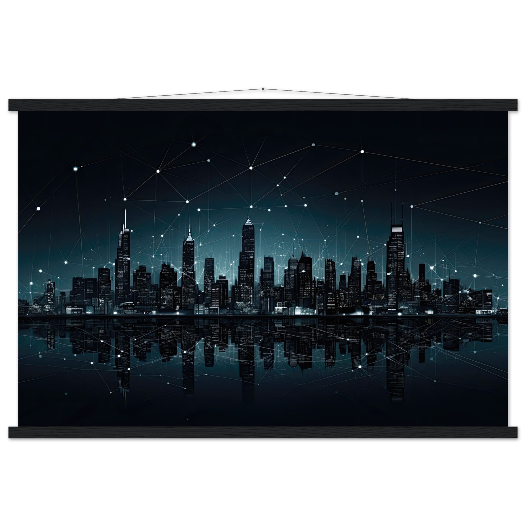 City Skyline Night Constellations Art Print with Hanger – 60×90 cm / 24×36″, Black wall hanger