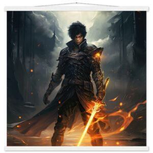 Male Anime Character - Flaming Sword - Art Print with Hanger - 70x70 cm / 28x28″, White wall hanger
