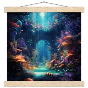 Underwater Paradise Ocean Art Print with Hanger - 30x30 cm / 12x12″, Natural wood wall hanger