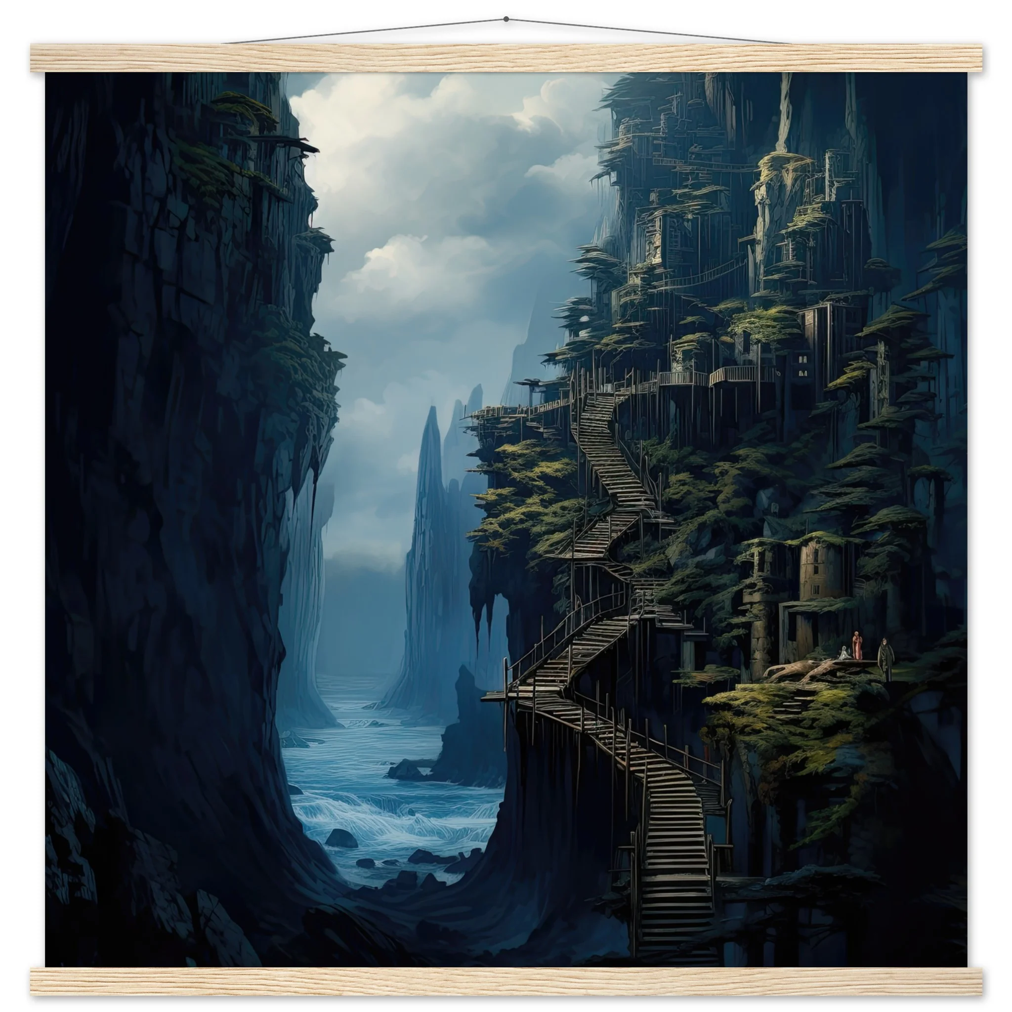 Cliffside Kingdom Landscape Art Print with Hanger – 70×70 cm / 28×28″, Natural wood wall hanger