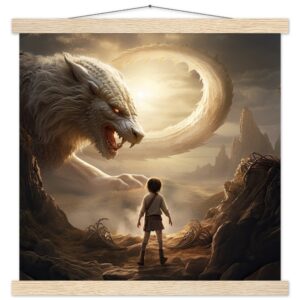 The Boy and the Chimera Art Print with Hanger - 40x40 cm / 16x16″, Natural wood wall hanger