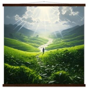Daybreak - Fields of Green - Art Print with Hanger - 70x70 cm / 28x28″, Dark wood wall hanger