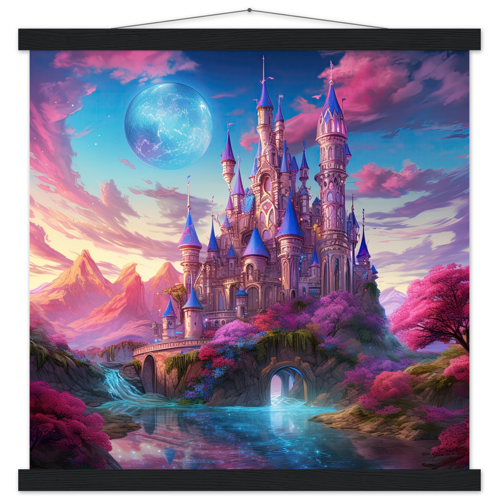Colorful Fairy Tale Castle Art Print with Hanger – 45×45 cm / 18×18″, Black wall hanger