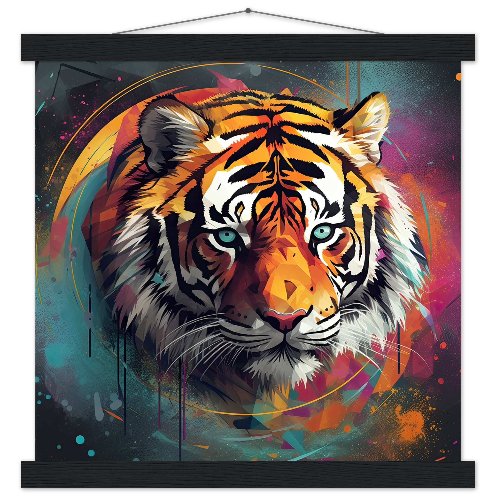 Tiger Colorful Abstract Art Print with Hanger – 35×35 cm / 14×14″, Black wall hanger