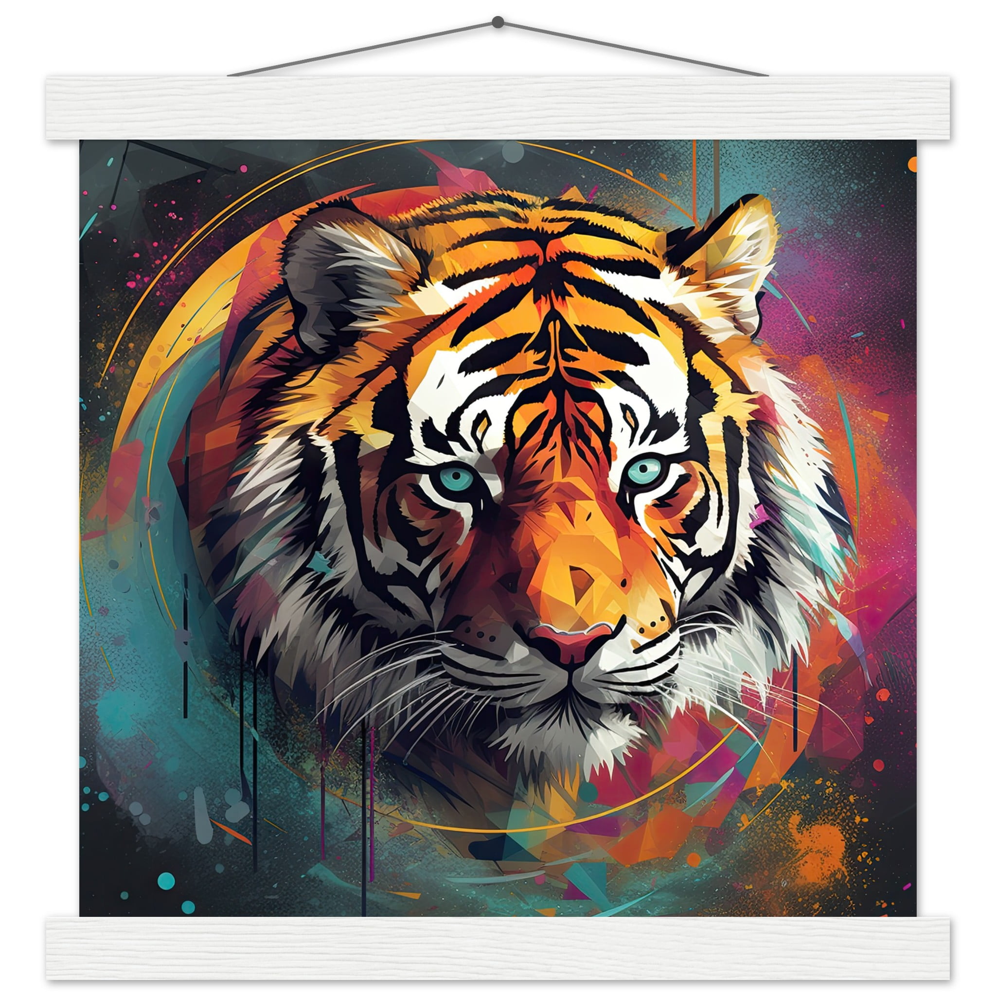 Tiger Colorful Abstract Art Print with Hanger – 30×30 cm / 12×12″, White wall hanger