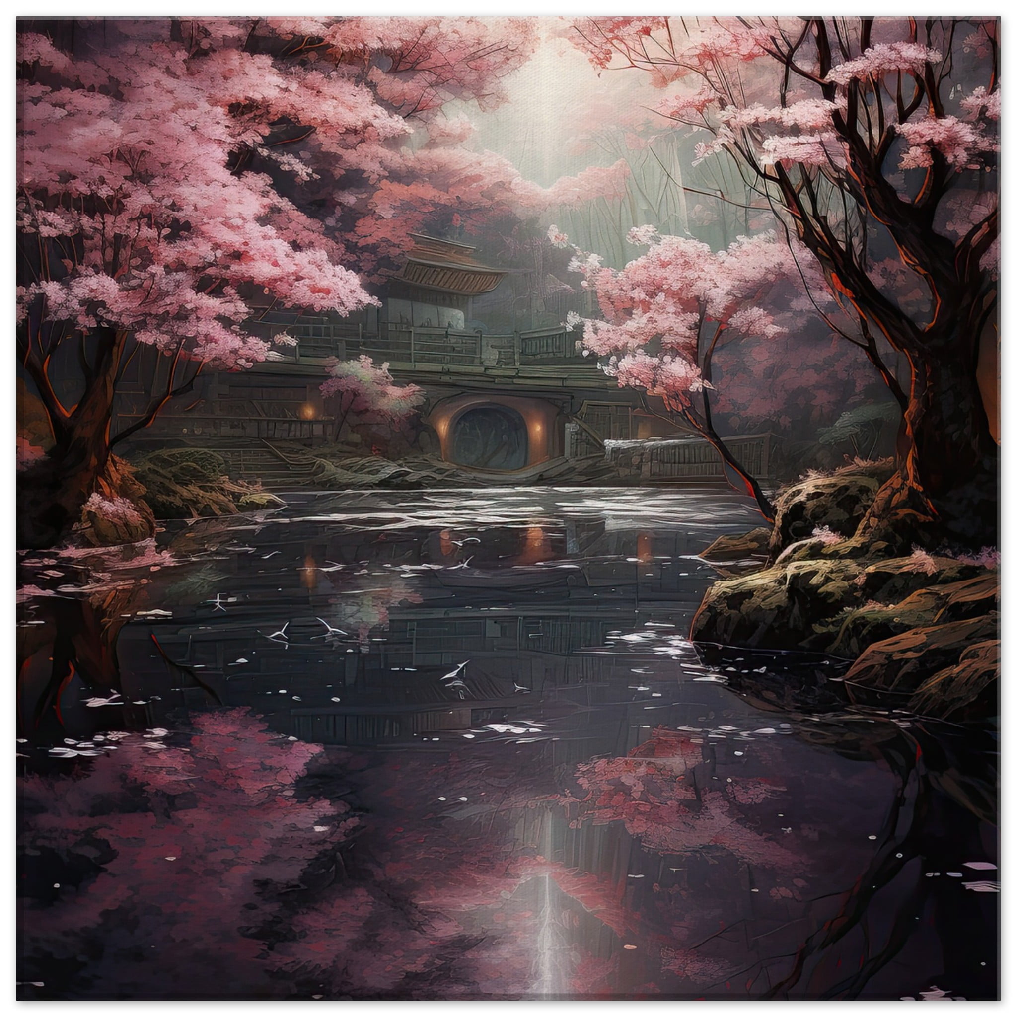 Secret Cherry Blossom Temple Canvas Print – 50×50 cm / 20×20″, Thick