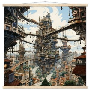 Surreal City Art Print with Hanger - 70x70 cm / 28x28″, Natural wood wall hanger