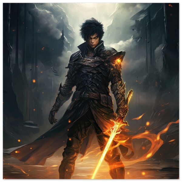 Male Anime Character - Flaming Sword - Art Poster - 40x40 cm / 16x16″