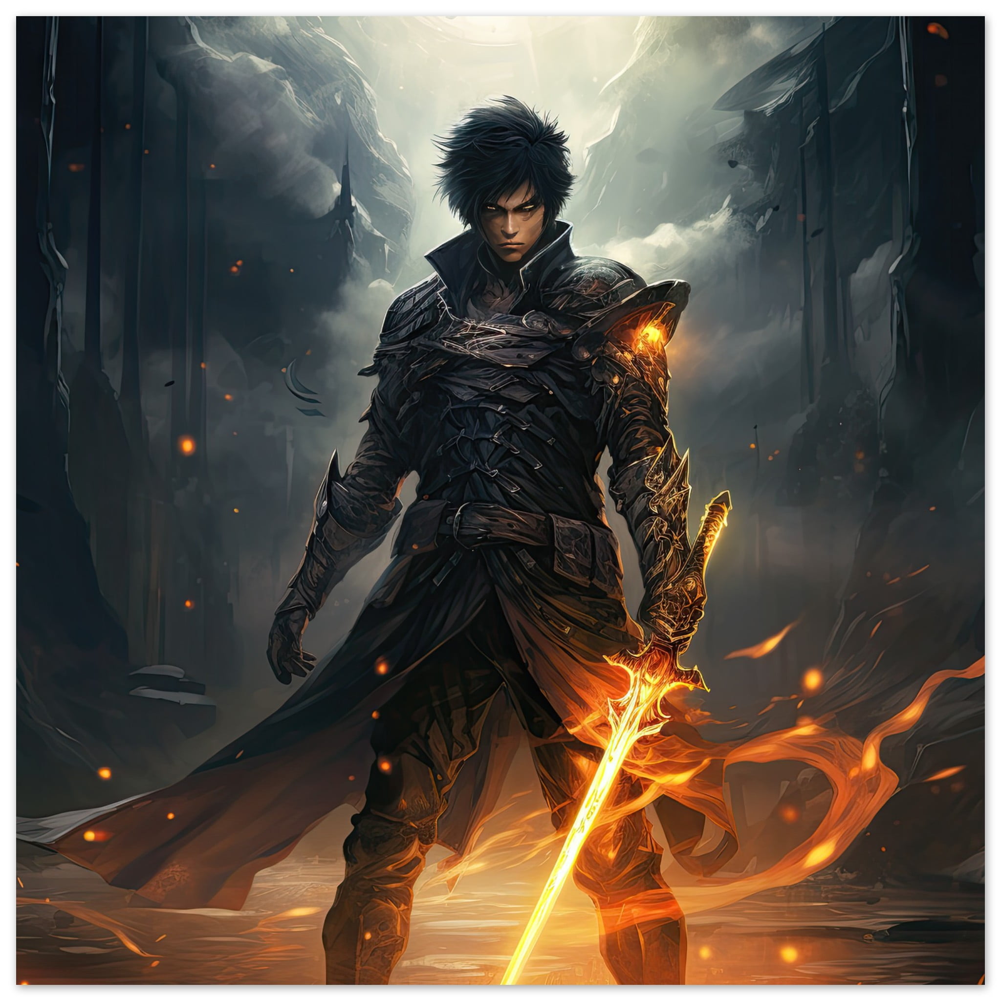 Male Anime Character – Flaming Sword – Art Poster – 40×40 cm / 16×16″