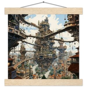 Surreal City Art Print with Hanger - 25x25 cm / 10x10″, Natural wood wall hanger