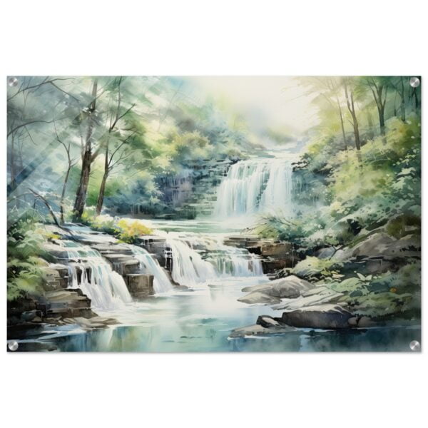 Serene Waterfall in Watercolor Acrylic Print - 60x90 cm / 24x36″