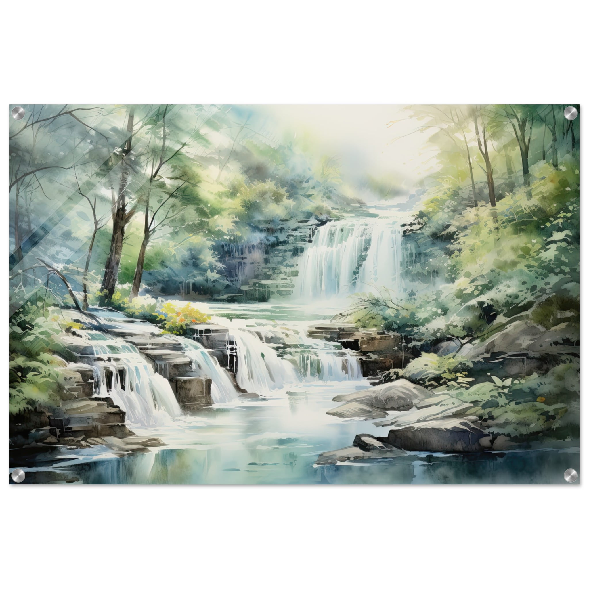 Serene Waterfall in Watercolor Acrylic Print – 60×90 cm / 24×36″