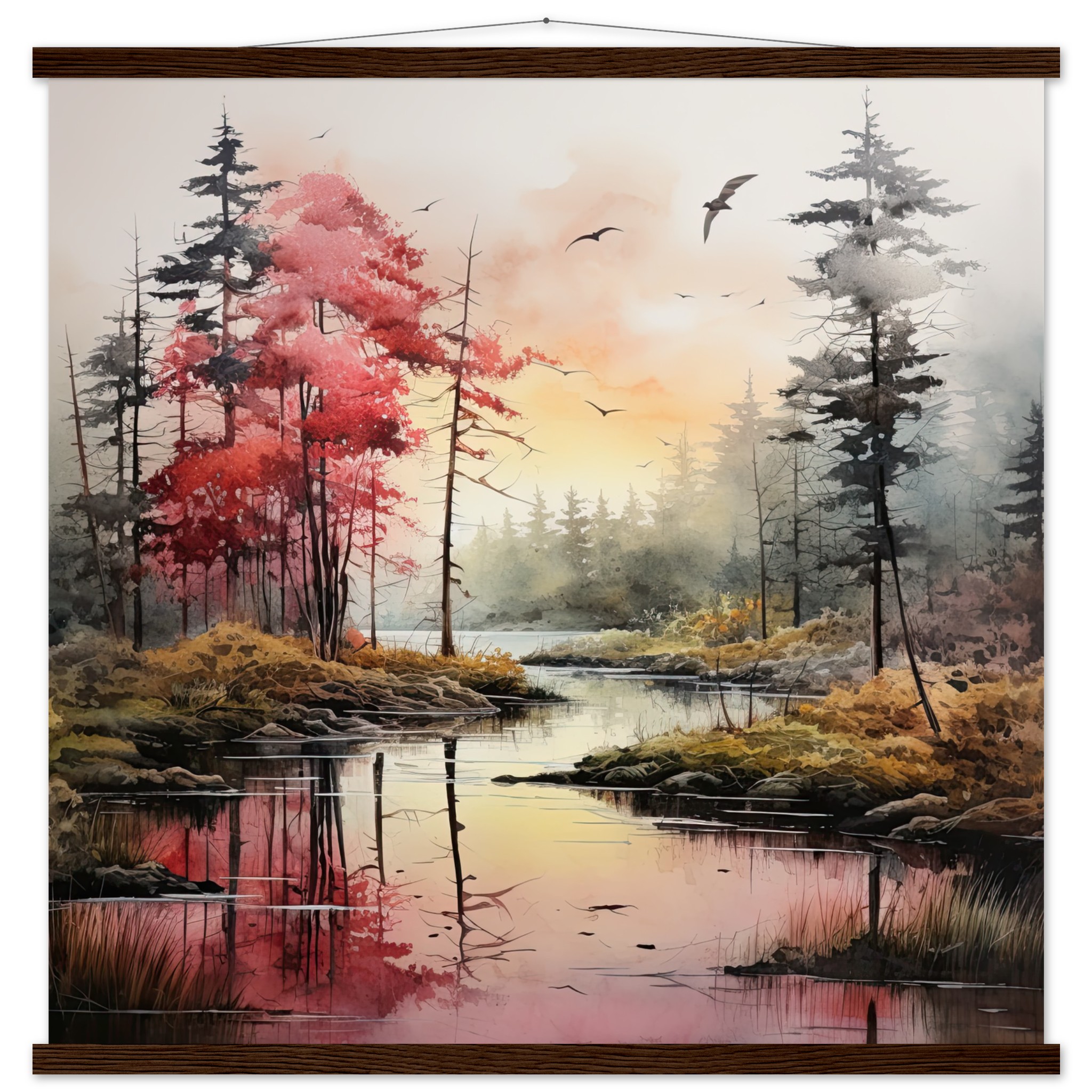 Red Lake Sunset – Watercolor Landscape Print with Hanger – 70×70 cm / 28×28″, Dark wood wall hanger