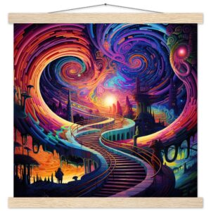 Trippy Colorful Adventure Art Print with Hanger - 40x40 cm / 16x16″, Natural wood wall hanger