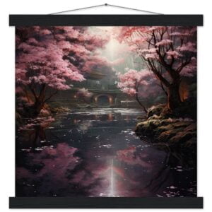 Secret Cherry Blossom Temple Art Print with Hanger - 35x35 cm / 14x14″, Black wall hanger
