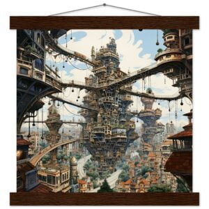 Surreal City Art Print with Hanger - 30x30 cm / 12x12″, Dark wood wall hanger