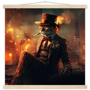 Gangster Cat Cool Art Print with Hanger - 50x50 cm / 20x20″, Natural wood wall hanger