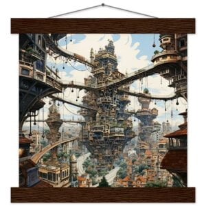 Surreal City Art Print with Hanger - 25x25 cm / 10x10″, Dark wood wall hanger