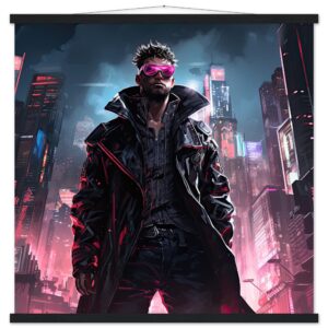 Cool Cyberpunk Dude Art Print with Hanger - 70x70 cm / 28x28″, Black wall hanger