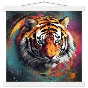 Tiger Colorful Abstract Art Print with Hanger - 35x35 cm / 14x14″, White wall hanger