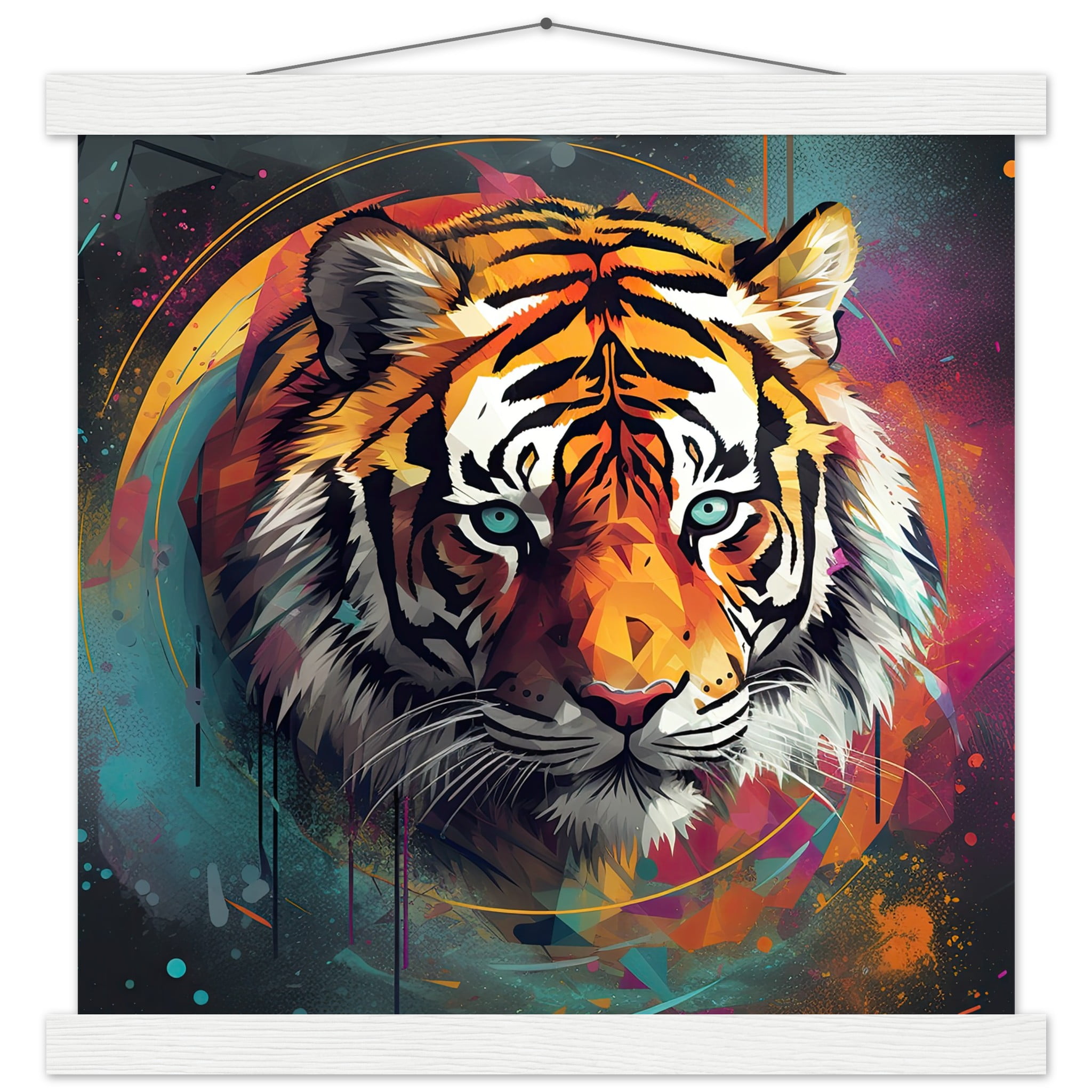 Tiger Colorful Abstract Art Print with Hanger – 35×35 cm / 14×14″, White wall hanger