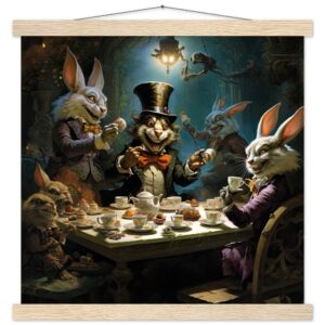 Mad Hatter's Tea Party Art Print with Hanger - 40x40 cm / 16x16″, Natural wood wall hanger