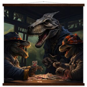 Tyrannosaurus Rex Poker Art Print with Hanger - 70x70 cm / 28x28″, Dark wood wall hanger