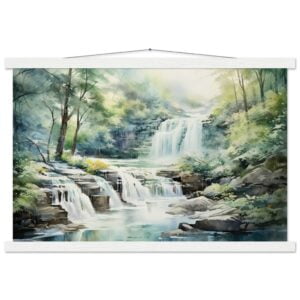 Serene Waterfall in Watercolor Art Print with Hanger - 40x60 cm / 16x24″, White wall hanger