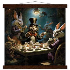 Mad Hatter's Tea Party Art Print with Hanger - 40x40 cm / 16x16″, Dark wood wall hanger