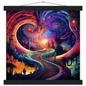 Trippy Colorful Adventure Art Print with Hanger - 35x35 cm / 14x14″, Black wall hanger