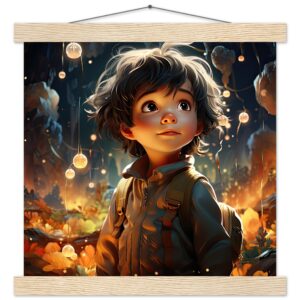 Enchanted World - Boy Adventurer - Art Print with Hanger - 30x30 cm / 12x12″, Natural wood wall hanger
