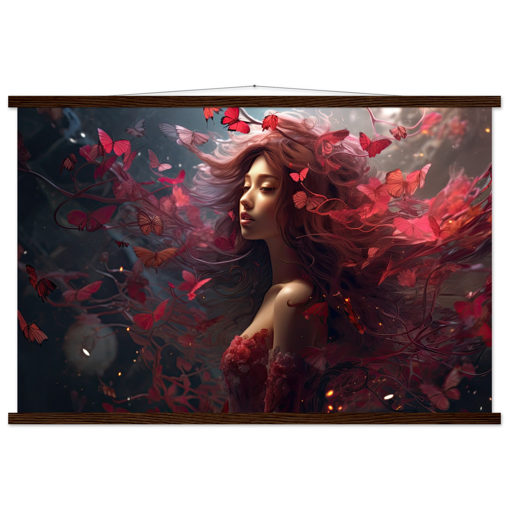 Crimson Reverie Beautiful Art Print with Hanger – 60×90 cm / 24×36″, Dark wood wall hanger