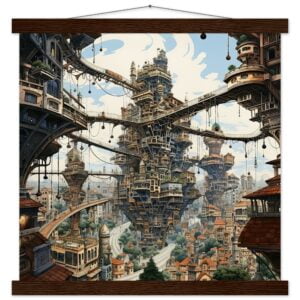 Surreal City Art Print with Hanger - 40x40 cm / 16x16″, Dark wood wall hanger
