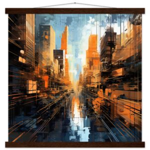 Abstract City Art Print with Hanger - 50x50 cm / 20x20″, Dark wood wall hanger