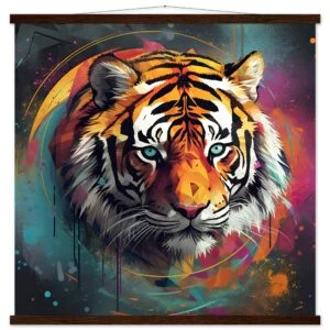 Tiger Colorful Abstract Art Print with Hanger - 70x70 cm / 28x28″, Dark wood wall hanger
