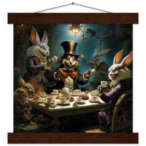 Mad Hatter's Tea Party Art Print with Hanger - 25x25 cm / 10x10″, Dark wood wall hanger