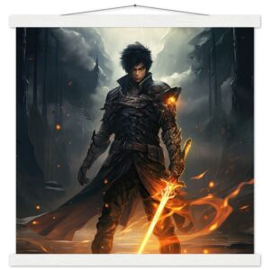 Male Anime Character - Flaming Sword - Art Print with Hanger - 45x45 cm / 18x18″, White wall hanger
