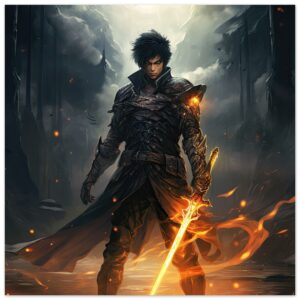 Male Anime Character - Flaming Sword - Art Poster - 50x50 cm / 20x20″