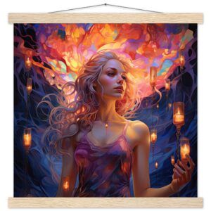 Lovely Lanterns and Colors Art Print with Hanger - 40x40 cm / 16x16″, Natural wood wall hanger