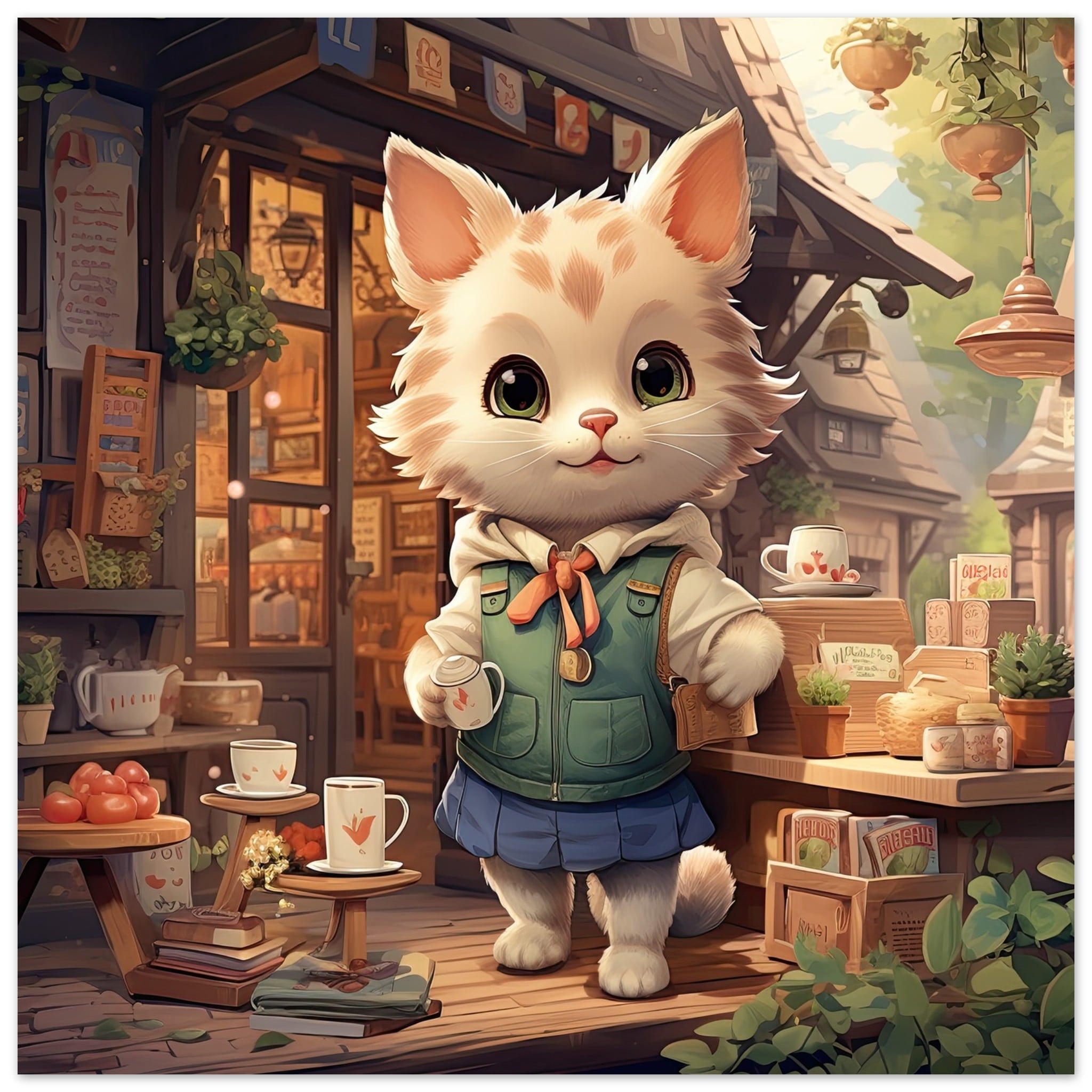 Cute Kitten Coffee Shop Art Poster – 35×35 cm / 14×14″