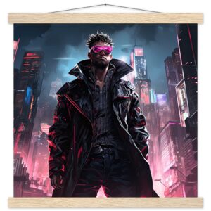 Cool Cyberpunk Dude Art Print with Hanger - 40x40 cm / 16x16″, Natural wood wall hanger