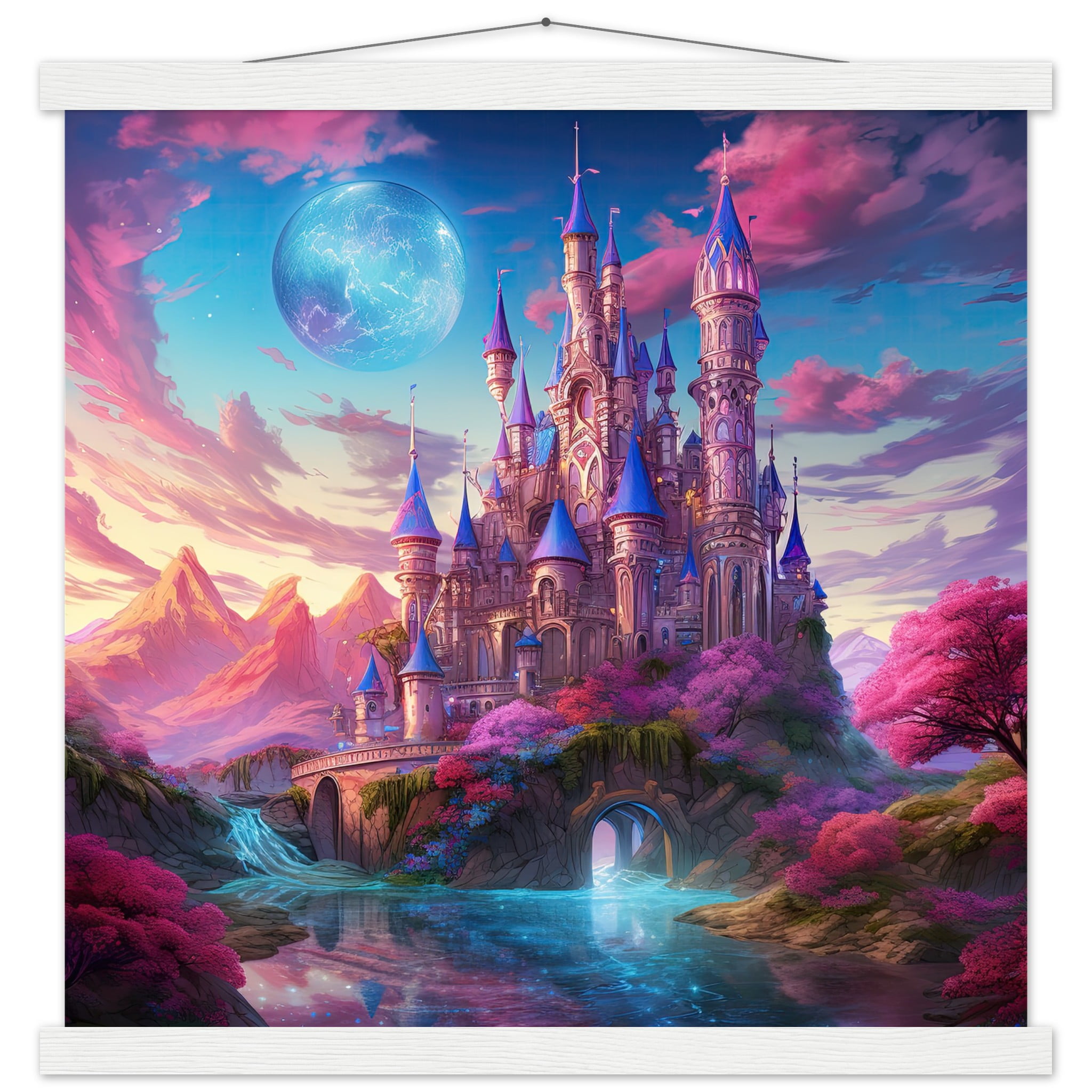 Colorful Fairy Tale Castle Art Print with Hanger – 45×45 cm / 18×18″, White wall hanger