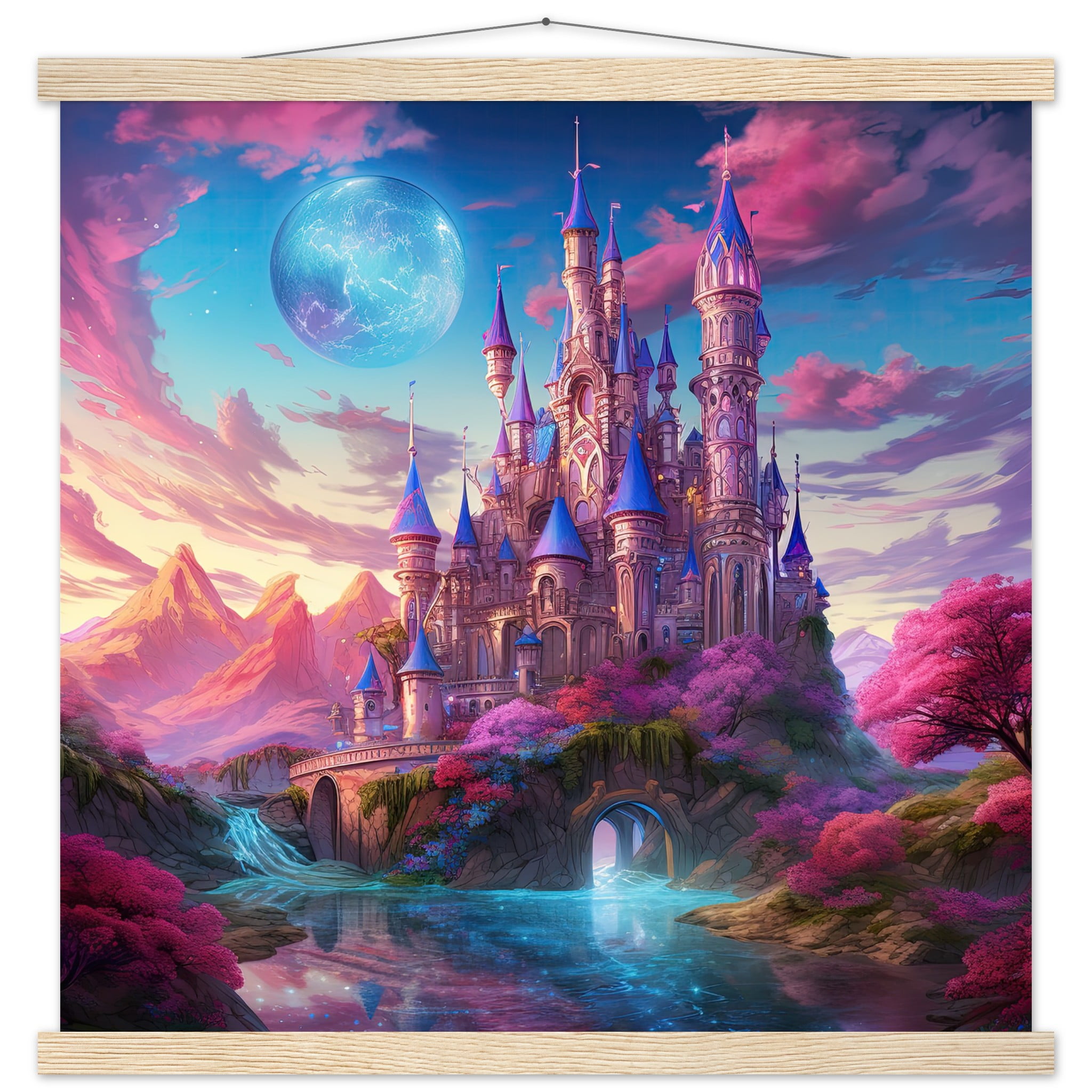 Colorful Fairy Tale Castle Art Print with Hanger – 50×50 cm / 20×20″, Natural wood wall hanger