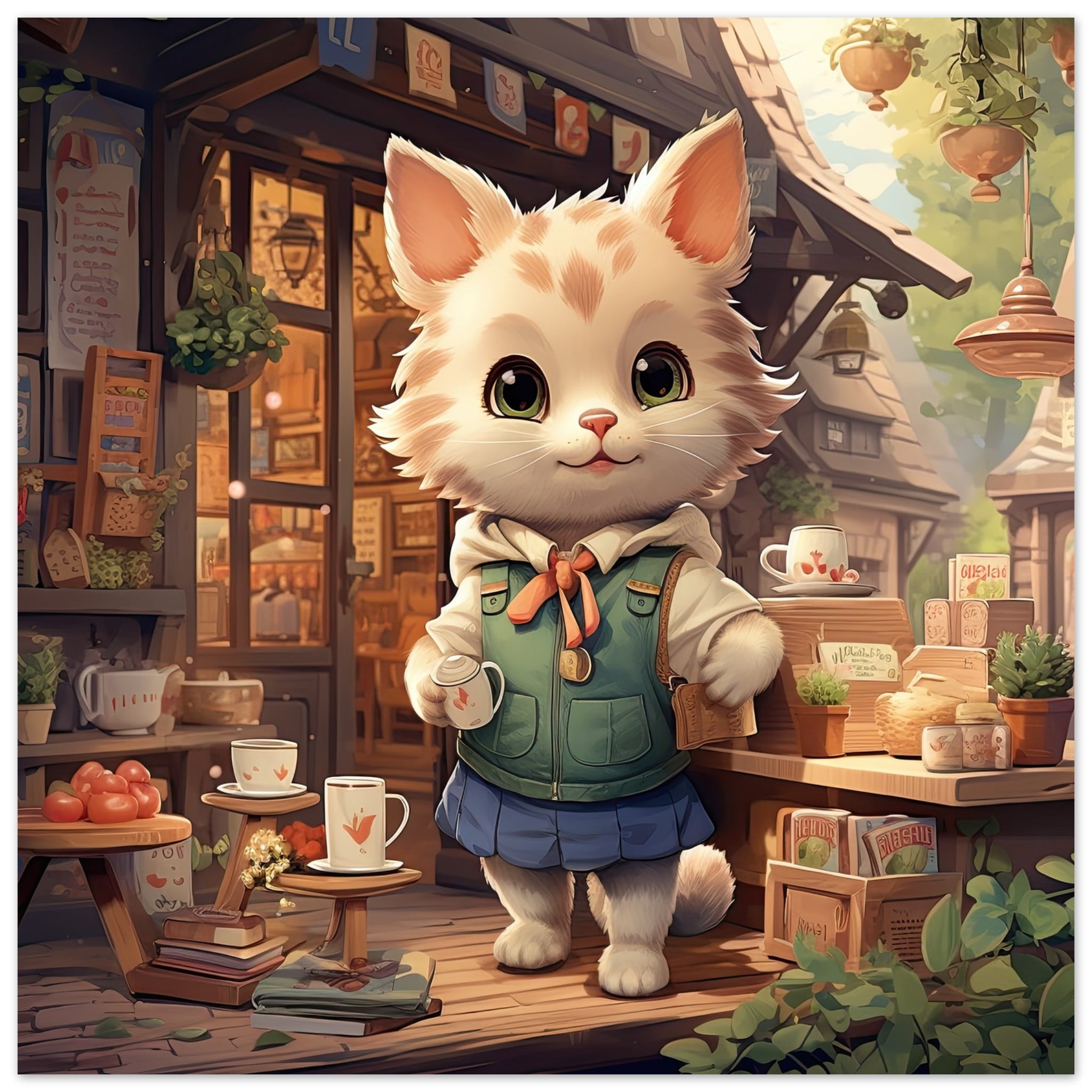 Cute Kitten Coffee Shop Art Poster – 40×40 cm / 16×16″
