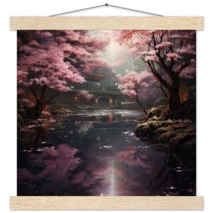 Secret Cherry Blossom Temple Art Print with Hanger - 30x30 cm / 12x12″, Natural wood wall hanger