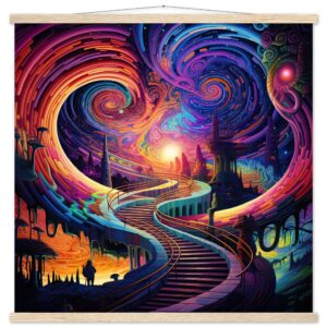 Trippy Colorful Adventure Art Print with Hanger - 70x70 cm / 28x28″, Natural wood wall hanger