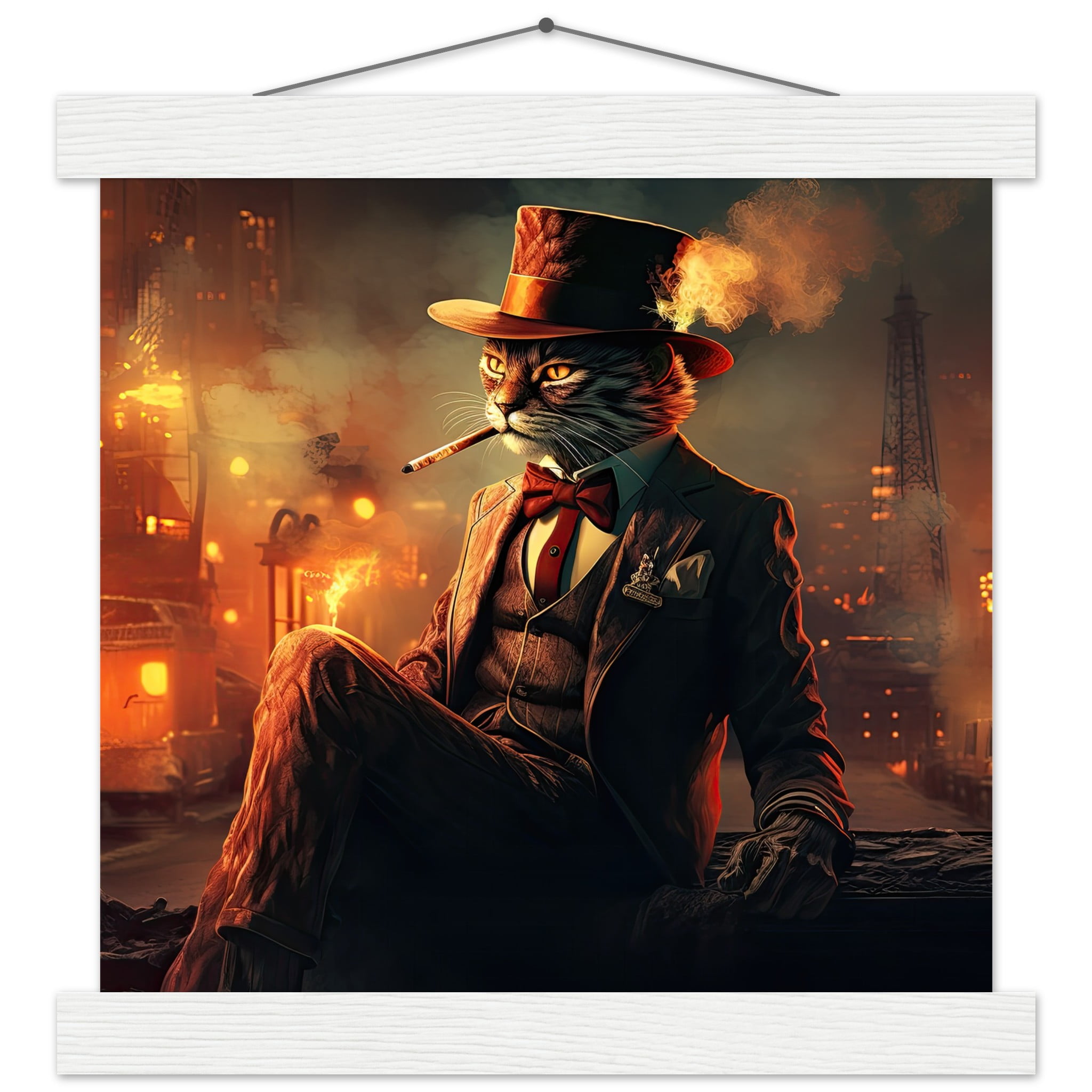 Gangster Cat Cool Art Print with Hanger – 25×25 cm / 10×10″, White wall hanger